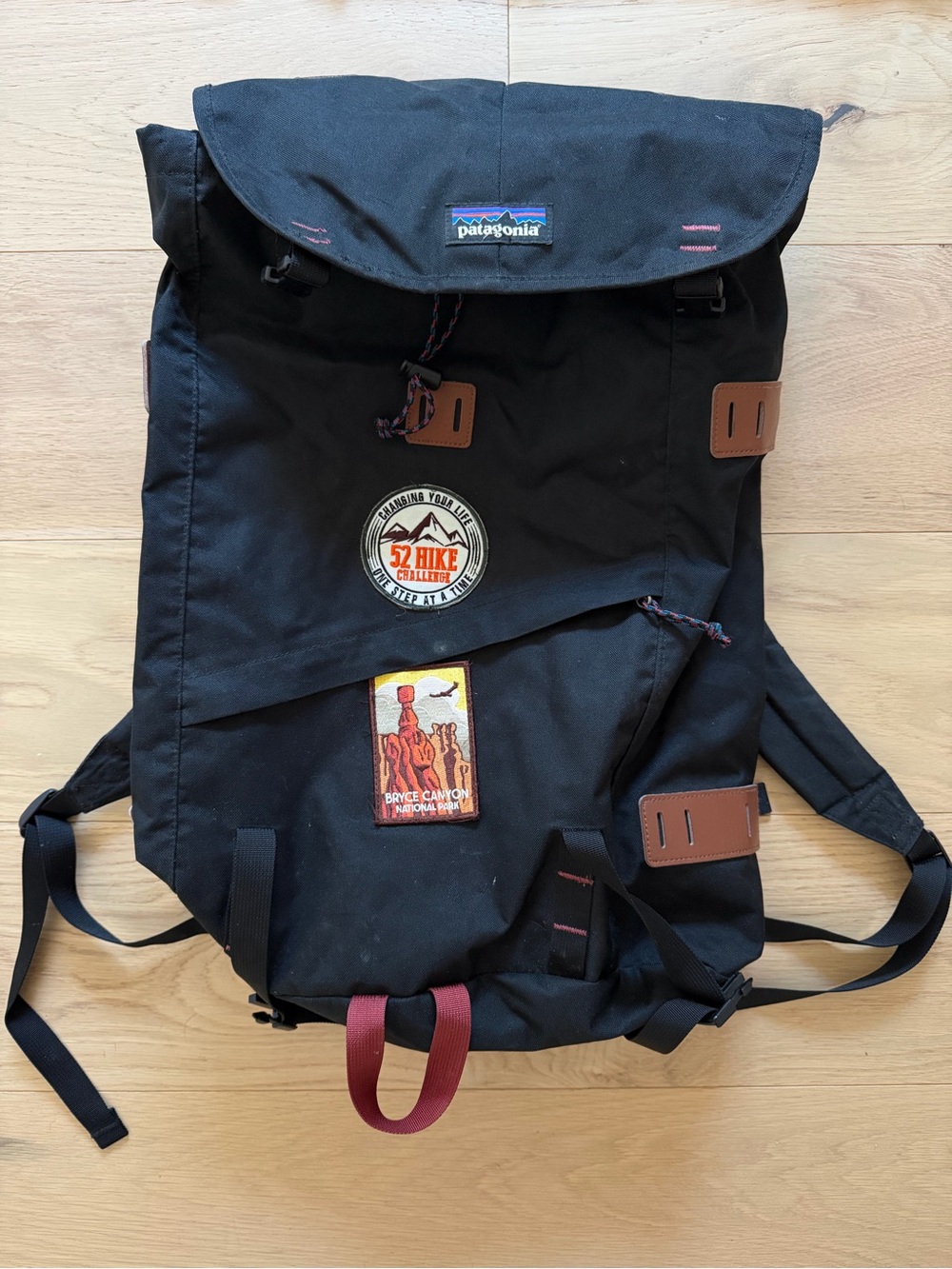 Patagonia Black Roll-Top Rucksack with Brown Trim - Picture 1 of 3